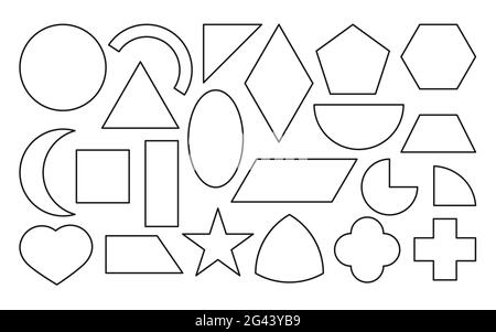 Symbole für schwarze Umrisse mit geometrischen Formen gesetzt. Lineare Vorlage Einfache Grundfiguren. Unterrichtsmaterial für Kinder. Elemente als Quadrat und Rechteck, Ellipse und Dreieck. Isolierte Vektordarstellung Stock Vektor