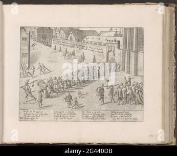 Entdeckung der Sodomie in einem Kloster in Brügge, 1578; Who summing munch in einer is very paired zu Bridge im filtern haben sodomitigsche gottlosigkeit des Closters, der ubbrigkeit angogeben; Series 8: Dutch Events, 1577-1583. Festnahme der Franziskanermönche in einem Kloster in Brügge wegen Sodomie, 18. Mai 1578. Unter der Führung von Soldaten werden die Mönche aus dem Kloster entlassen. Unter ihnen der berüchtigte Bruder Cornelis van Dordrecht. Mit einer Bildunterschrift von 15 Zeilen in deutscher Sprache. Links unten nummeriert: 145. Der Druck ist Teil eines Albums. Stockfoto