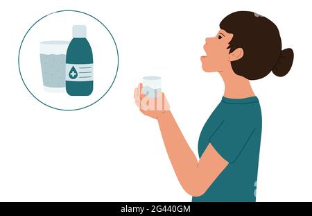 Das Mädchen spült ihren Mund mit einem antibakteriellen Mundwasser. Medizinische Vektordarstellung. Stockfoto