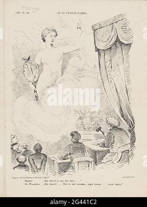 Karikatur mit der Wahrheit im Unterhaus, 1866; im Unterhaus. Karikatur, in der die Wahrheit im Unterhaus erscheint, mit der Erinnerung, weniger zu sprechen und mehr zu tun. Teller erschien auf dem Weekblad De Nederlandsche Spectator, nein 32, 11. August 1866. Stockfoto