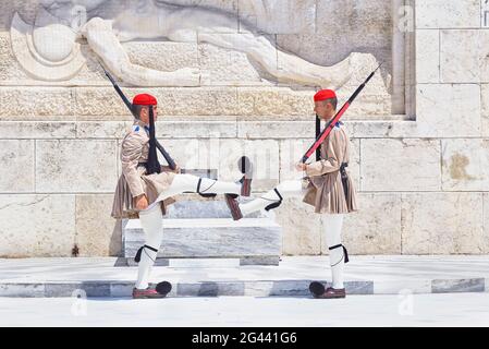 Evzone Soldaten, die Wachablösung, Athen, Griechenland, Europa, Stockfoto