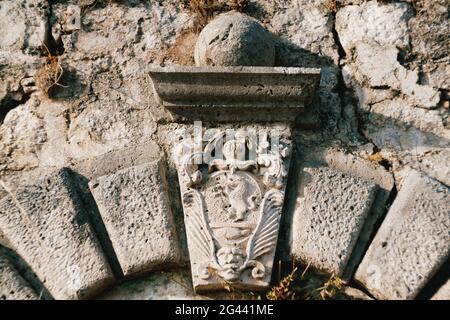 Nahaufnahme eines Bas-Reliefs eines alten Wappens mit einem Löwen und Mustern. Stockfoto