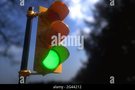 Vertikale Außenampel mit blauem Himmel und Bäumen um das Hotel herum. Verkehrskontrollkonzept mit geringer Schärfentiefe. Stockfoto