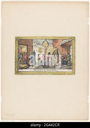 Straßenszene in London; Bild von London. Eine Tür links gibt einen Blick auf einen vollen Auktionsraum mit dem Auktionator in einer Höhe, auf der Straße an der Tür ist ein Mann mit einem Schild mit dem Text "Beware or Mock Auctions". Auf der Straße zwei Figuren, die ein Mann eine Kette anbietet. Auf der rechten Seite ein Gasthaus 'The RAM Inn' mit einem Wassermann. Im Hintergrund die Kuppel des St. Paul. Stockfoto