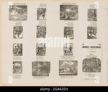 Orange oben!; Bremer's Bilderbuch. / mit Bildunterschriften / van / J. Witmond. Leaf mit 14 Aufführungen von Aktivitäten von Soldaten, die für das Heimatland kämpfen, wie die Wache zu halten, krank zu machen und Desertik abzuholen. Unter jeder Aufführung ein zwei- oder vierzeiliger Vers. Unten rechts ein Block mit Titeln und Verlegeradresse und einer Darstellung einer Menge, die einer Gruppe von Soldaten auf einem Balkon zuhörte. Nummeriert unter dem Titel: Nr. 8. Stockfoto