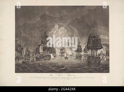 Die Stadt Algier, durch die vereinigten englischen und niederländischen Geschwader, vollständig in Brand geschossen und überwunden, am Morgen vom 27. August 1816. Blick auf die brennende Stadt Algier, am Morgen nach dem Bombenangriff einer vereinigten britischen und niederländischen Staffel unter dem Kommando von Lord Exmouth und Baron van der Capelle, in der Nacht vom 26. Auf den 27. August 1816. Alle Kriegsschiffe mit zerrütteten Segeln, die Schiffe sind noch aus dem Land geschossen. Siehe auch die Handstation. Stockfoto