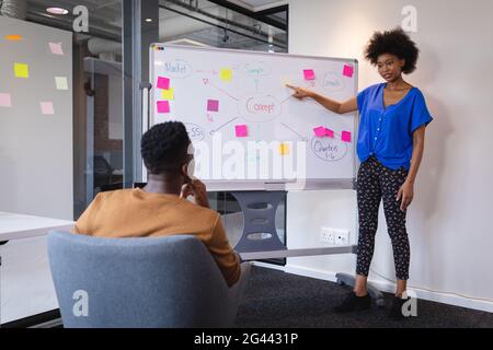 Mischrasse Geschäftsfrau stehend am Whiteboard Präsentation zu african Amerikanischer Kollege Stockfoto