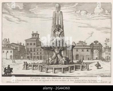 Fontana del Tritone auf der Piazza Barberini in Rom; Fontana del Sig. Prencipe di pallestrina; Fontane di Roma; Brunnen von Rom. Rechts unten nummeriert: 16. Der Druck ist Teil eines Albums. Stockfoto