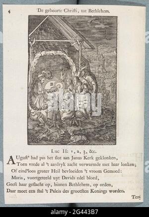 Anbetung durch die Hirten; die Geburt Christi, zu Bethlehem. Maria, Joseph und die Hirten knien in Anbetung für das Christuskind, das in seiner Krippe im Stall liegt. Zwei Hunde im Vordergrund. Mit verschiedenen Elementen aus der Show sind Buchstaben. Über dem einen Titel anzeigen. Es gibt sechs neue Regeln und einen Verweis auf Lukas 2: 1-3. Der Druck ist Teil eines Albums. Stockfoto