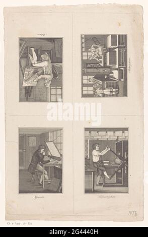 Vier Szenen mit Künstlern und Druckern; Målare / Boktryckare / Gravör / KoppartryCare. Blatt mit vier Szenen mit schwedischen Titeln: Ein Maler in seinem Atelier, das Innere eines Buchdrucks, ein Graveur hinter seinem Arbeitstisch und ein Plattendrucker. Stockfoto