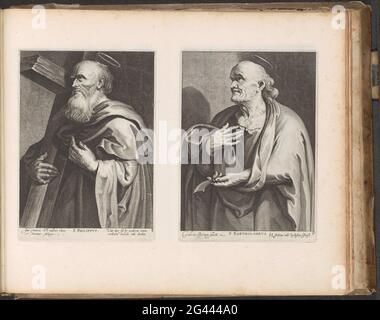 Apostel filip / Apostel Bartolomeus; S. Philippus / S. Bartholomeus; Christus und dreizehn Apostel; Den Grooten Emblemata Sacra, bestehend aus mehr als vierhundert von Belsche Figuren, so des alten wie des Nieuwen Testaments. Zwei Auftritte in einem Album-Magazin. Links der Apostel Philippus mit Kreuz. Rechts Bartolomeüs mit Messer. In beiden Unterrandbereichen ein Text mit zwei Tasten in Latein und Niederländisch. Der Druck ist Teil eines Albums. Stockfoto