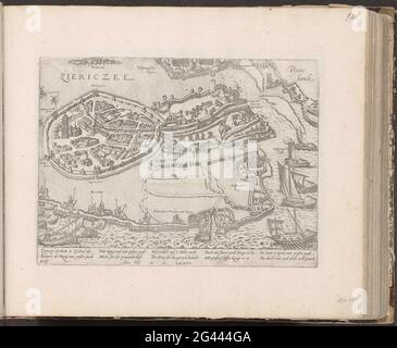Belagerung von Zierikzee durch die Spanier, 1576; Serie 6: Niederländische Ereignisse, 1571-1576. Belagerung von Zierikzee durch die Spanier unter Mondragon. Trotz eines erfolgreichen Versuchs der fürstlichen Schiffe, die Stadt Proviand zu versorgen, gibt die Stadt am 29. Juni 1576 nach. Blick auf die ummauerte Stadt mit den Positionen der Belagerung der spanischen Truppen und die spanischen Schiffe und die Schiffe des Prinzen. Mit einer Bildunterschrift von 10 Zeilen in deutscher Sprache. Links unten nummeriert: 105. Der Druck ist Teil eines Albums. Stockfoto