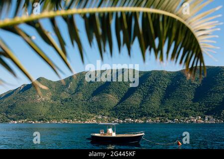 Fischerboot vor dem Hintergrund der Berge auf dem blauen Wasser der Bucht von Kotor. Stockfoto