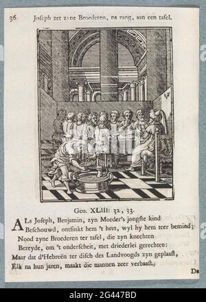 Jozef bietet seinen Brüdern ein Fest an; Josephs Bruten, nach Rang, an einem Tisch. Josephs Brüder sind nach Ägypten zurückgekehrt und knien für Joseph mit ihrem kleinen Bruder Benjamin. Er lädt sie zu einem Essen ein. Über dem einen Titel anzeigen. Es gibt sechs neue Regeln und einen Hinweis auf Genesis 43: 32-33. Der Druck ist Teil eines Albums. Stockfoto