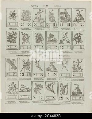 Addition / Addition / Multiplikation / Multiplikation. Blatt mit 24 Vorstellungen von Figuren, Tieren und Objekten. Zwei Würfel mit jedem Bild. Unter jedem Bild ein Vers mit einer Berechnung in Niederländisch und Französisch. Oben in der Mitte nummeriert: N. 45. Stockfoto