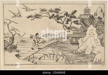 Chinesische Figur auf Brücke über den Fluss; Neu umgebaut mit großem Moeyte signiert und darin gegeben, von P. Schenk Jun (...), erster Teil. Eine chinesische Figur läuft mit einem Koffer auf einem Stock über die Schulter und mit einem Blatt in der Hand über eine Brücke über einen Fluss. Auf der rechten Seite an den Ufergebäuden. Stockfoto