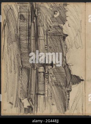 Blick auf den Trafalgar Square in London. An der Vorderseite des Brunnens und in der Ferne die Nationalgalerie. Seite 18 aus einem Skizzenbuch mit 49 Blättern. Stockfoto