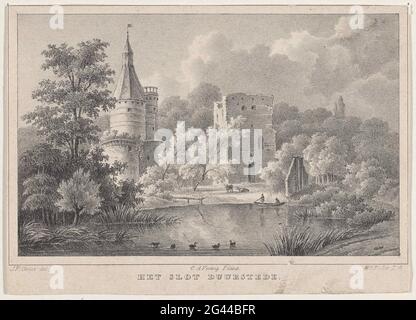 Slot Duurstede. Das Schloss ist in einer Landschaft auf einem Teich versteckt. Zwei Kühe, ein Boot mit zwei Figuren und eine Gruppe Enten auf dem Wasser. Stockfoto