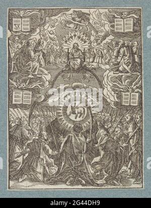 Anbetung des Lammes Gottes. Könige und Propheten - die 24 Ältesten der Apokalypse - stellen den Text aus den prophetischen Visionen des Johannes dar. Zusammen mit den himmlischen Heerscharen bringen sie Lob mit Harpspel und Geruchsschuppen zu Gott, der auf einem Thron sitzt und das Buch mit den sieben Marken hält. Die symbolischen Steads der vier Evangelisten Johannes (Engel), Marcus (Löwe), Lucas (Rindfleisch) und Matthew (Adler) tragen die Musikbücher. Die Auserwählten haben Palmenzweige in der Hand und knien in Anbetung für das Lamm Gottes, das in einem Kranz mit dem Banner der Auferstehung auf dem Berg Zion erscheint. T Stockfoto