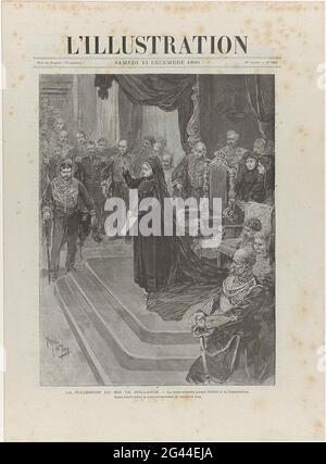 Zeitung mit einem Artikel über den Tod und die Beerdigung von Willem III., König der Niederlande, am 23. November und 4. Dezember 1890 und Follow-up von Emma, Königin Regenten der Niederlande; L'Illustration. Zeitung mit einem Artikel über den Tod und die Beerdigung von Willem III. Am 23. November und 4. Dezember 1890 und seine Nachfolge durch Emma. Zwei Performances und Spalten und Rahmen mit französischem Text im Buchdruck. Stockfoto