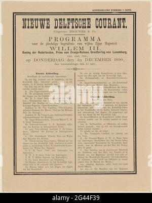 Zeitung mit einem Artikel über die Beerdigung von Willem III., König der Niederlande, am 4. Dezember 1890; New Delftse Courant. . Stockfoto