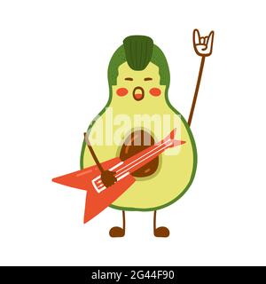 Avocado Rock and Roll. Vektor flache Illustration von niedlichen Avocado Charakter mit Gitarre. Stockfoto