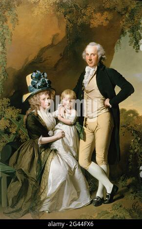 Joseph Wright von Derby (1734-1797) - Porträt Richard Arkwright Junior mit seiner Frau Mary Tochter Anne 1790 Stockfoto