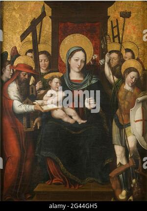 Juan De Juanes - Thronende Jungfrau und Kind mit dem Heiligen Hieronymus, dem Erzengel Michael und den Engeln, die Instrumente der Passion halten Stockfoto