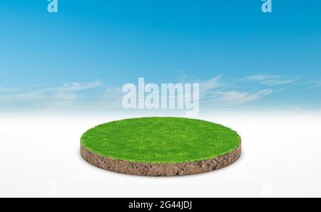 3D Rendering, Kreis Podium der Landwiese. Bodenquerschnitt mit grünem Gras über blauem Himmel Hintergrund. Stockfoto