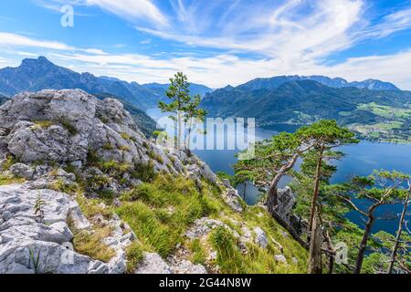 Blick von Traunstein auf den Traunsee im Salzkammergut, Oberösterreich, Österreich Stockfoto