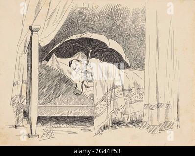 Junge mit Regenschirm im Bett. Ein Junge liegt auf dem Bett unter den Decken. Er hält einen gefalteten Regenschirm über seinem Kopf. Vorhänge hängen um das Bett herum. Stockfoto