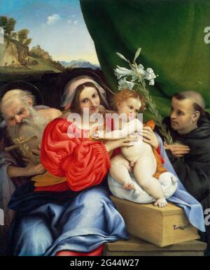 Lorenzo Lotto - Jungfrau und Kind mit Heiligen Hieronymus und Nikolaus von Tolentino Stockfoto