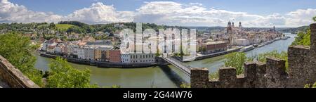 Blick vom Hackelberg nach Passau, Panorama, Bayern, Deutschland Stockfoto