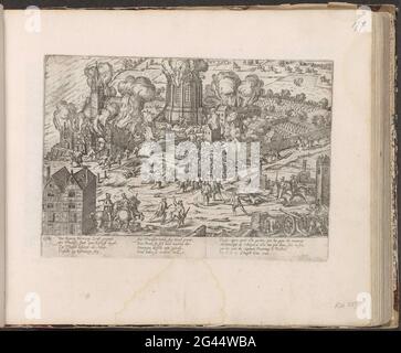 DEUTZ wird angezündet, 1583; Serie 9: Niederländische und deutsche Veranstaltungen, 1583-1587. Die Stadt Deutz feuerte am 6. Und 11. August 1583. Episode aus dem Keulse-Krieg. Mit einer Bildunterschrift von 8 Regeln auf Deutsch und 4 Regeln auf Französisch. Links unten nummeriert: 192. Der Druck ist Teil eines Albums. Stockfoto