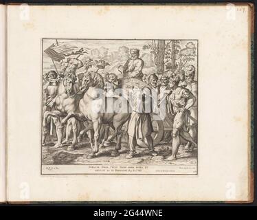 David kehrt in Triumph nach Jerusalem zurück; Gemälde in der Loggia Rafaels; Imagins Veteris AC Novi Testamenti; Rafael Bible. König David und seine Soldaten kehren in Triumph nach Jerusalem zurück. David steht auf einem Triumphzug, der von zwei Pferden gezogen wird. Bibelverse unter der Show. Print ist Teil eines Albums. Stockfoto