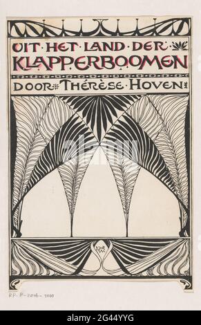 Banddesign für: Thérèse Hoven, aus dem Land der Klapper-Boomen, 1897. Design mit abstrahierten Ästen von Klapperbäumen, die sich in einem Rahmen um einander herum fächelten. Stockfoto