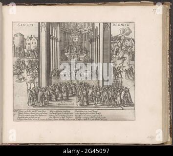 Hendrik IV. Geht zur Kirche in Saint-Denis, 1593; Serie 4: Französische, deutsche und englische Veranstaltungen, 1576-1610. König Heinrich IV. Geht zur Kirche in Saint-Denis, 25. Juli 1593. Gesicht in der Kirche, wo der König die Messe besucht. Im Vordergrund der König mit seiner Konsequenz, der Bischof von Bourges und andere katholische Beamte. Außerhalb von Festlichkeiten: Mit Münzen und Brot, Feuerstellen und Schüssen mit Gewehren grüßen. Mit einer Bildunterschrift von 12 Zeilen auf Deutsch und einer Regel auf Französisch. Nummeriert: 295. Der Druck ist Teil eines Albums. Stockfoto