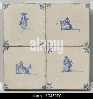Vier Fliesen mit Frauen und Kunsthandwerk. Vier Fliesen (2 x 2) mit jeweils einer lila gemalten Frauenfigur mit ihrem Handwerk. In den Ecken ein Ochsenkopf. Stockfoto