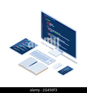 Flacher 3d Isometrischer Computer Code auf Monitor Smartphone und Tablet Entwicklung Cross Platform Website. Website Design Entwicklung Code Programmierung Concep Stock Vektor