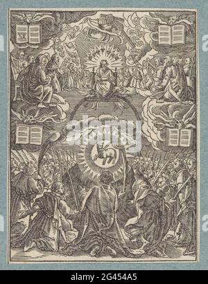 Anbetung des Lammes Gottes. Könige und Propheten - die 24 Ältesten der Apokalypse - stellen den Text aus den prophetischen Visionen des Johannes dar. Zusammen mit den himmlischen Heerscharen bringen sie Lob mit Harpspel und Geruchsschuppen zu Gott, der auf einem Thron sitzt und das Buch mit den sieben Marken hält. Die symbolischen Steads der vier Evangelisten Johannes (Engel), Marcus (Löwe), Lucas (Rindfleisch) und Matthew (Adler) tragen die Musikbücher. Die Auserwählten haben Palmenzweige in der Hand und knien in Anbetung für das Lamm Gottes, das in einem Kranz mit dem Banner der Auferstehung auf dem Berg Zion erscheint. T Stockfoto