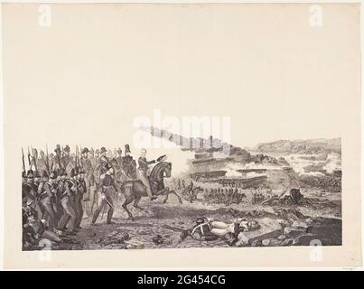 Prinz von Orange führt die holländischen Truppen in der Schlacht von Quatre-Bras, 1815. Der Prinz von Orange auf dem Pferderücken führt die holländischen Truppen in der Schlacht bei Quatre-Bras, 16. Juni 1815. Im Hintergrund heftige Kämpfe, im Vordergrund französische Soldaten am Grenzstein von Quatre-Bras. Stockfoto