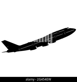 Silhouette Passagierflugzeug auf weißem Hintergrund Stockfoto