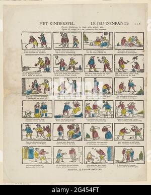 Das Kinderstück / Le Jeu d'Enfants. Blatt mit 24 Vorstellungen von Kinderspielen, darunter Wellen, Puppenspiel, Reifen und Maut. Unter jedem Bild und unter dem Titel ein zweimal frisch auf Niederländisch. Rechts oben nummeriert: n. 7. B. Stockfoto