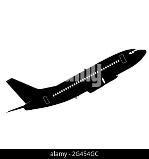 Silhouette Passagierflugzeug auf weißem Hintergrund Stockfoto