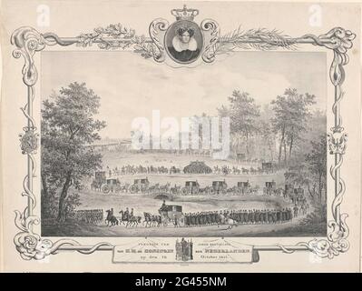 Typisch für den Erdorden von HM, der Königin der Niederlande, am 26. Oktober 1837. Die Trauerprozession von Königin Wilhelmina van Preußen, die auf dem Weg von Den Haag nach Delft durch eine Landschaft schwingt, am 26. Oktober 1837. Oben im Rahmen ein ovales Medaillon-Porträt, weiter in den Rahmenwaffen, Ästen und unten ein Tuch mit dem Titel und dem Lob in Delft. Der Druck enthält einen separaten Schlüssel und eine Benachrichtigung über das Abonnement. Stockfoto