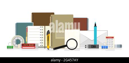 Schreibwaren. Güter für Büro, Schule und Kreativität. Isoliertes Objekt auf weißem Hintergrund. Vektor Stock Vektor