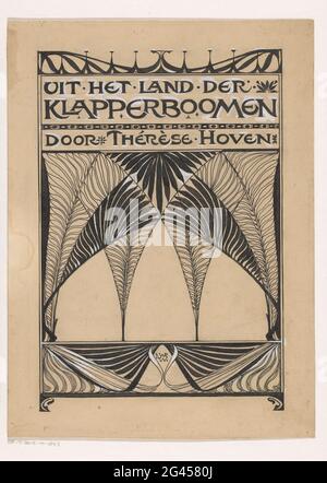 Banddesign für: Thérèse Hoven, aus dem Land der Klapper-Boomen, 1897. Design mit abstrahierten Ästen von Klapperbäumen, die sich in einem Rahmen um einander herum fächelten. Stockfoto