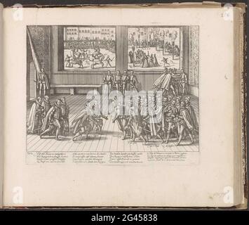 Angriff von Jean Châtel auf Hendrik IV, 1594; Serie 4: Französische, deutsche und englische Ereignisse, 1576-1610. Angriff von Jean Châtel auf Heinrich IV., 27. Dezember 1594. In einem Innenraum richtet Châtel den König mit einem Messer aus. Châtel wird im Hintergrund betrachtet. Mit einer Bildunterschrift von 12 Zeilen auf Deutsch und einer Regel auf Französisch. Links unten nummeriert: 302. Der Druck ist Teil eines Albums. Stockfoto