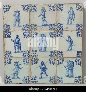 Feld von neun Fliesen mit Kunsthandwerk. Feld von neun Fliesen (3 x 3) mit je einer blau gemalten Darstellung eines Handwerks oder Berufs in Form einer Person. In den Ecken ein Ochsenkopf. Stockfoto