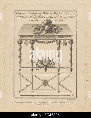 Tisch mit Helm und Waffen; Nouveau Cahier de Pieds de tables avec Orders et trophées. Vorder- und Draufsicht auf einen rechteckigen Tisch mit Girlande, Medaillons, Ranken und Helmen. Vier Flaggen flankieren unten ein Medaillon mit Lorbeerkranz. Auf dem Tisch befindet sich ein Geflügelhelm, ein Schild, Phasen und Lanzen. Stockfoto
